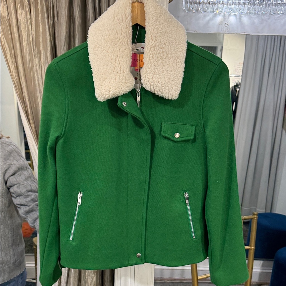 Vilagallo Green Wool Jacket with removable Shearling Collar